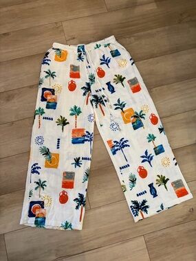 Tropical Print Wide-Leg Linen Pants - White with Blue & Orange. Beach Cover Up